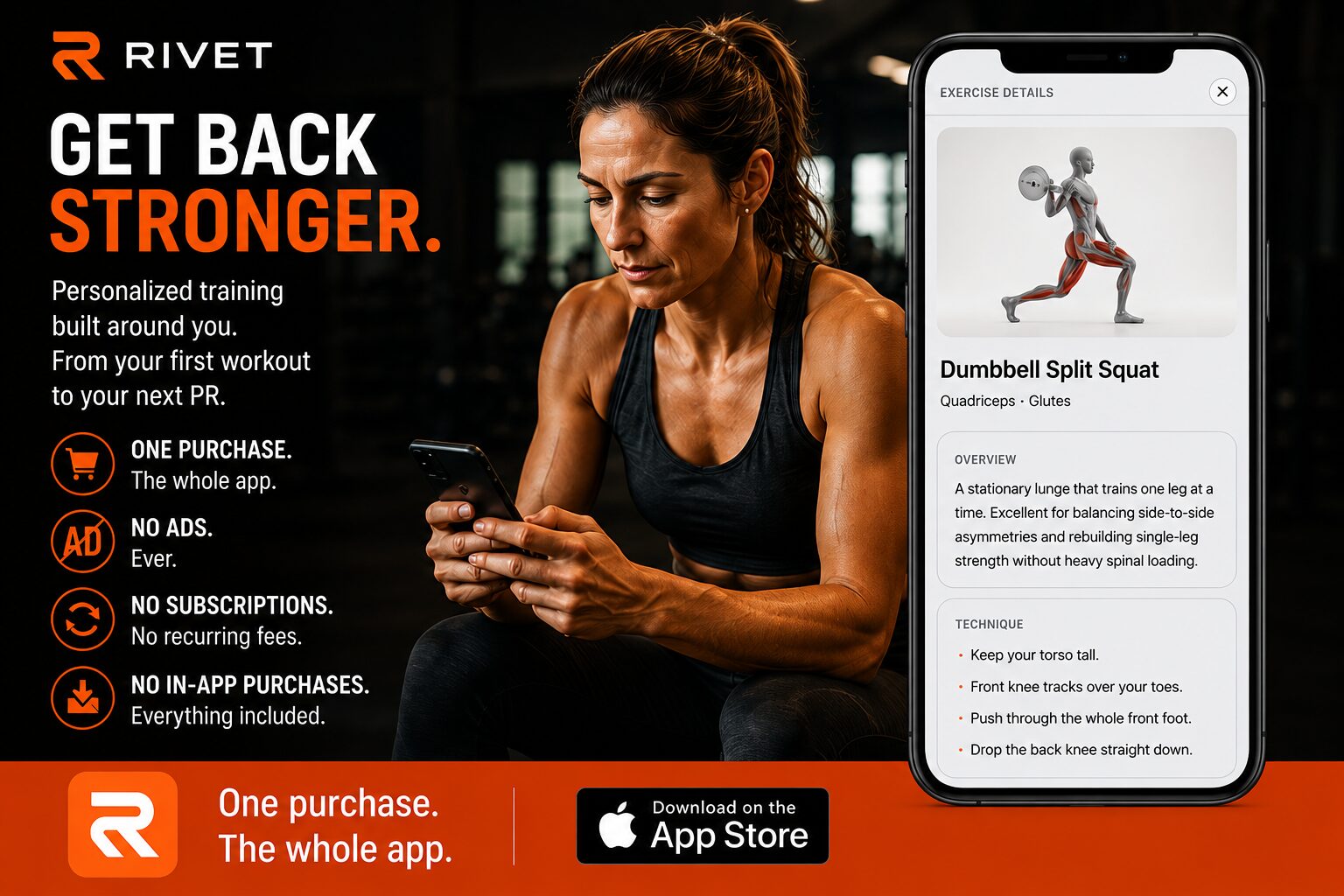 Rivet promotional image: one purchase, no ads, no subscriptions, no in-app purchases, with the exercise detail screen