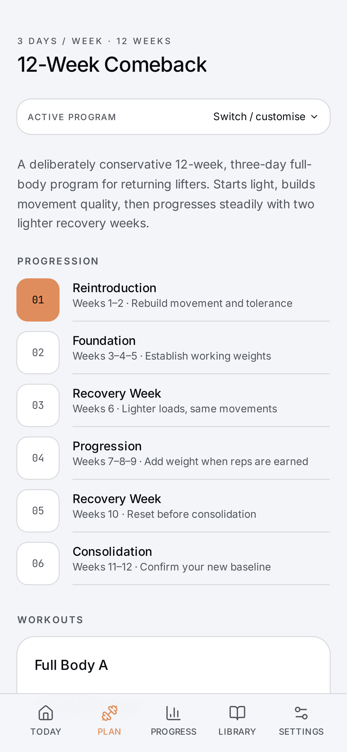 Rivet plan screen showing the twelve-week program and its sessions