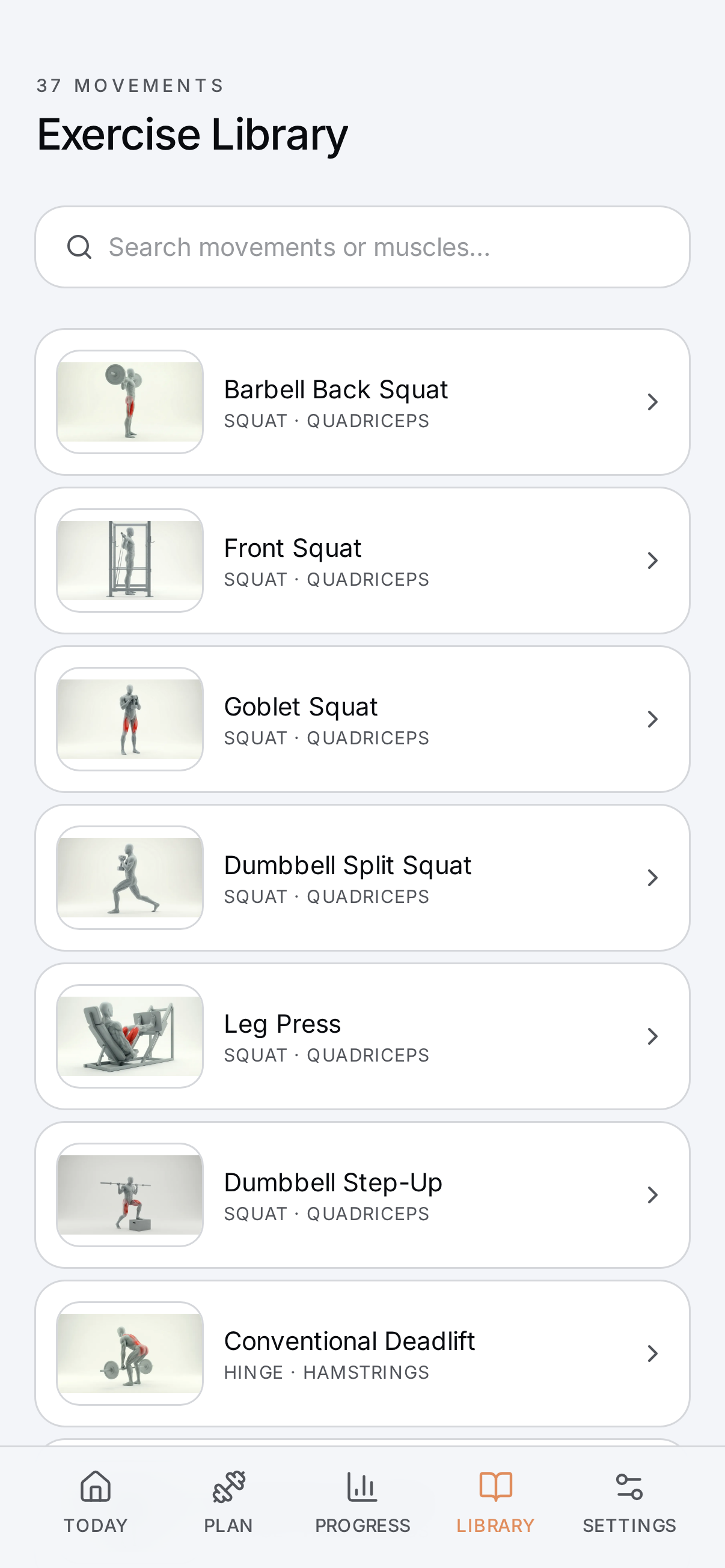Rivet library screen listing exercises with demonstration clips and equipment filters